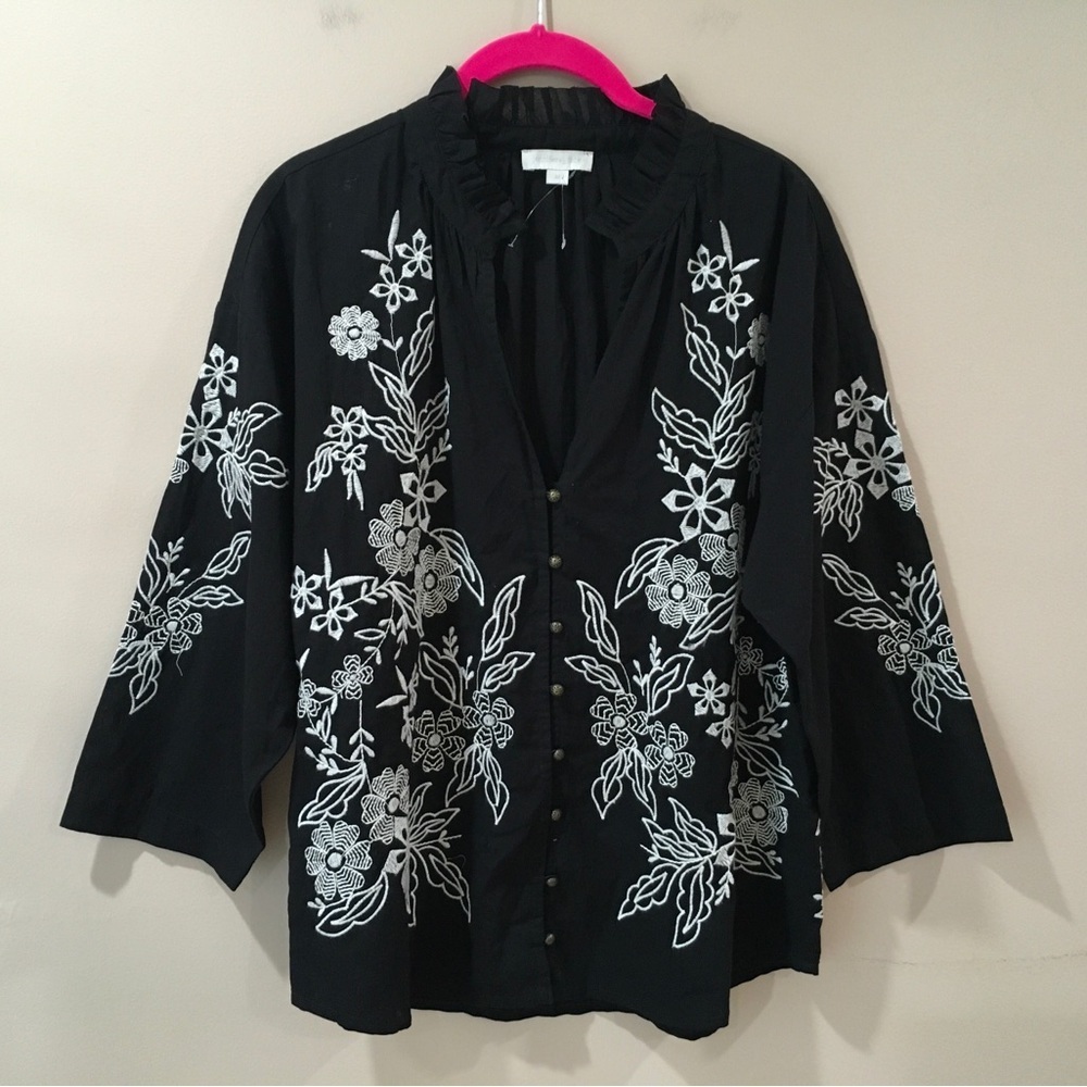 Black Floral Embroidered Button-Front Blouse